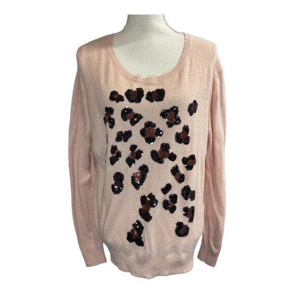 Wildfox White Label Sweater Womens L Angora Blend Peach Leopard Sequin Print - Picture 1 of 8